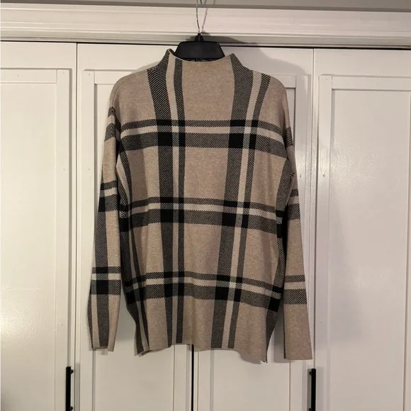 Max Studio Plaid Mock Neck Sweater in Beige and Black - Picture 1 of 6